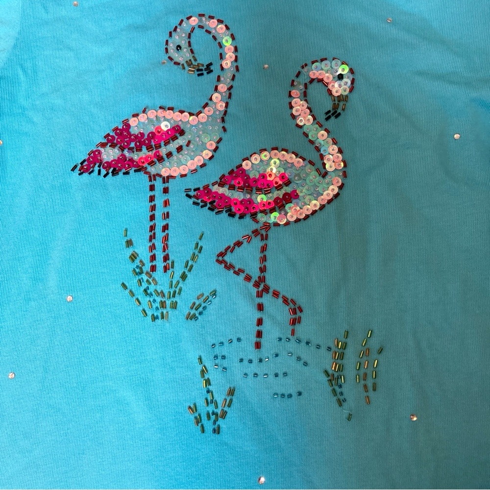 Quacker Factory Turquoise 3/4 Sleeve Tee with Sequin Flamingos - Picture 2 of 15